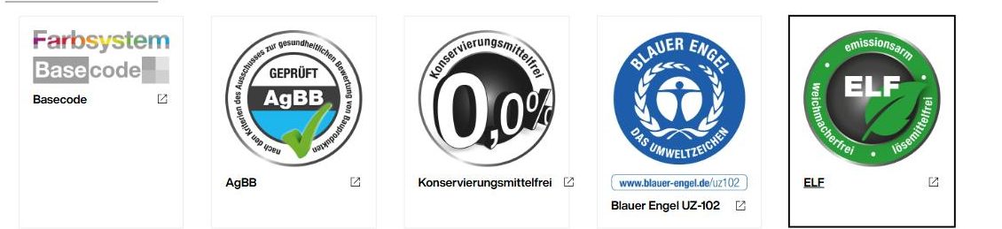 Brillux sertifikatai: Basecode, AgBB, Konservierungsmittelfrei, Blauer Engel UZ-102, ELF