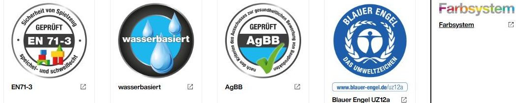 Brillux sertifikatai: EN71-3, wasserbasiert, AgBB, Blauer Engel UZ12a, Farbsystem