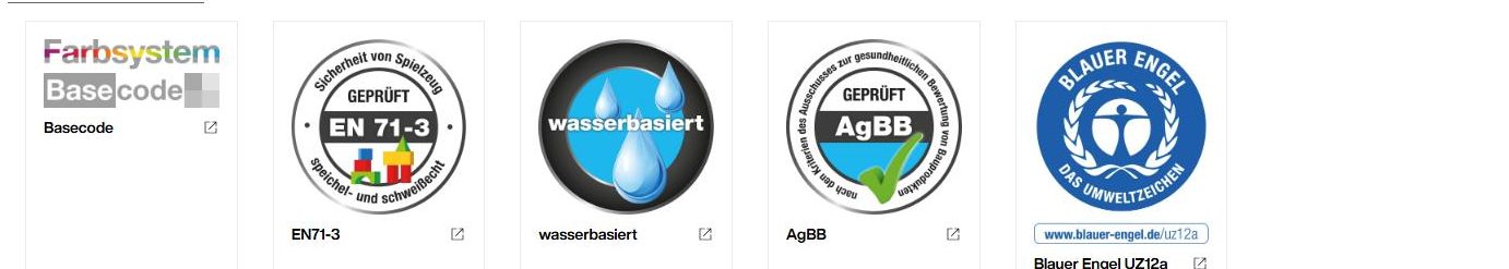 Brillux sertifikatai: Basecode, EN71-3, wasserbasiert, AgBB, Blauer Engel UZ12a