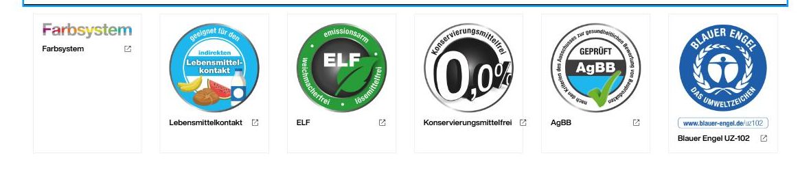 Brillux sertifikatai: Farbsystem, Lebensmittelkontakt, ELF, Konservierungsmittelfrei, AgBB, Blauer Engel UZ-102