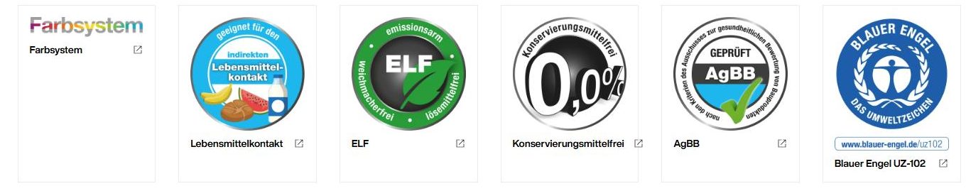 Brillux sertifikatai: Farbsystem, Lebensmittelkontakt, ELF, Konservierungsmittelfrei, AgBB, Blauer Engel UZ-102