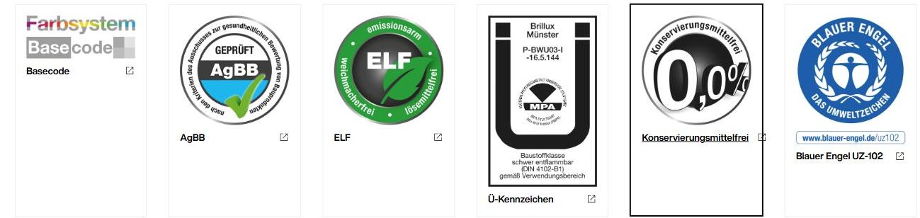 Brillux sertifikatai: Basecode, AgBB, ELF, Ü-Kennzeichen, Konservierungsmittelfrei, Blauer Engel UZ-102