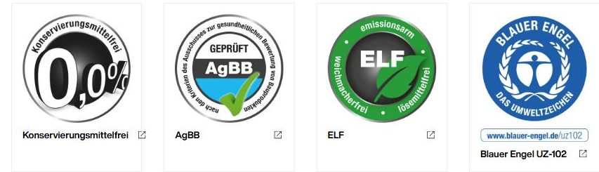 Brillux sertifikatai: Konservierungsmittelfrei, AgBB, ELF, Blauer Engel