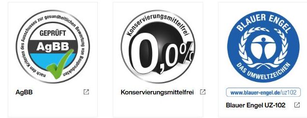 Brillux sertifikatai: AgBB, Konservierungsmittelfrei, Blauer Engel