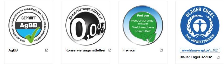 Brillux sertifikatai: AgBB, Konservierungsmittelfrei, Frei von Konservierungsmitteln, Blauer Engel